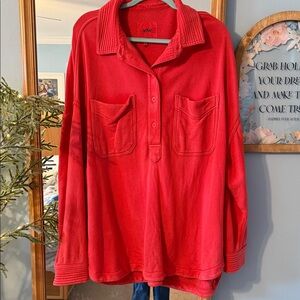Red Long-Sleeve Pocket Polo Top - Women